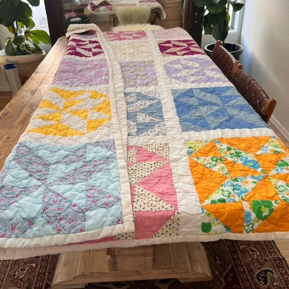 Vintage Handmade Patchwork Quilt Queen Reversible Multicolor Eight-Point Star - Picture 5 of 16